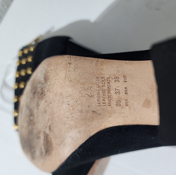 Kat Maconie Black Suede Peep Toe Ankle Booties Gold Studs Zip Heel US 8 EU 39 - Picture 6 of 12